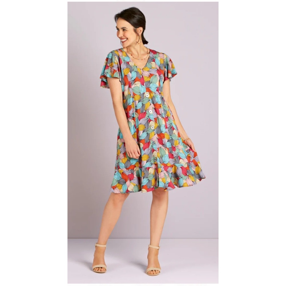 Parsley & Sage Leaf Print Dress Women M Knee Length Boho Flutter Sleeve Colorful